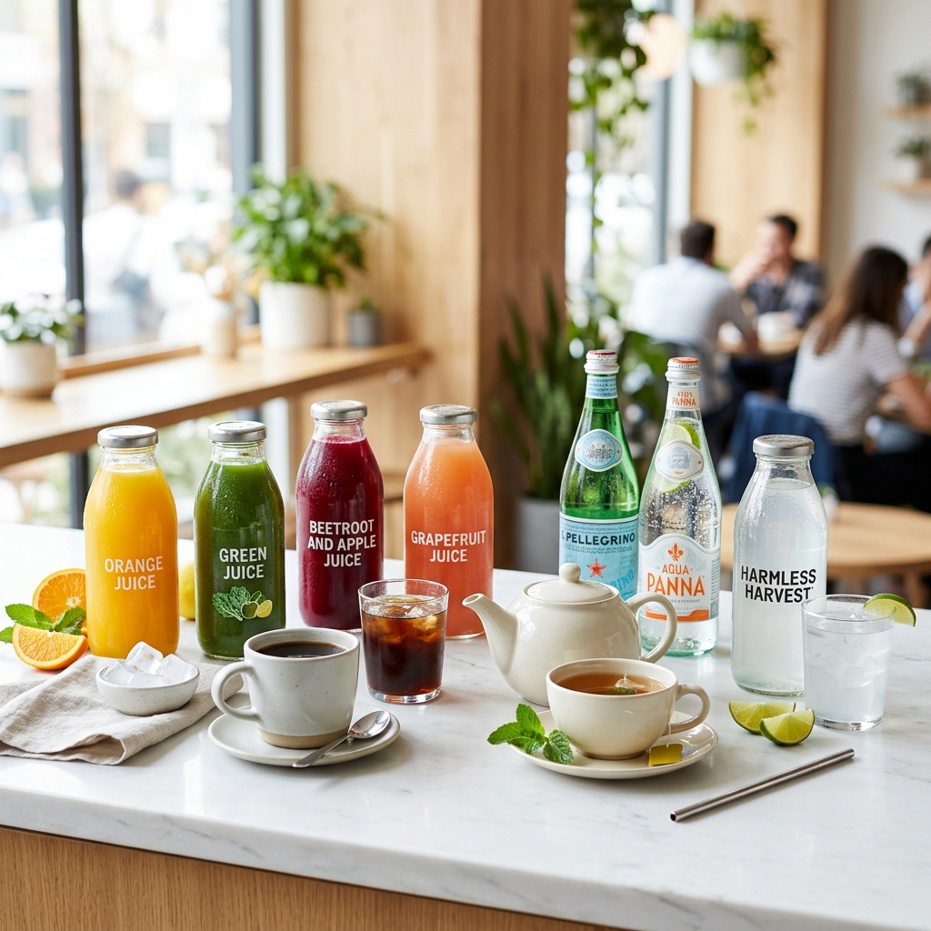 Assorted beverages including juices, tea, coffee, and sparkling water