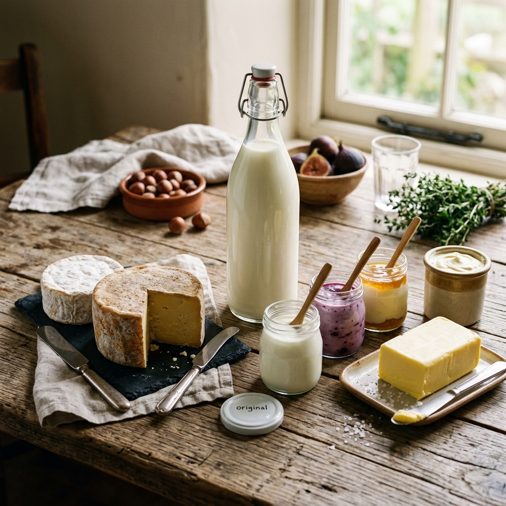 Fresh dairy products including milk, cheese, yogurt, and butter