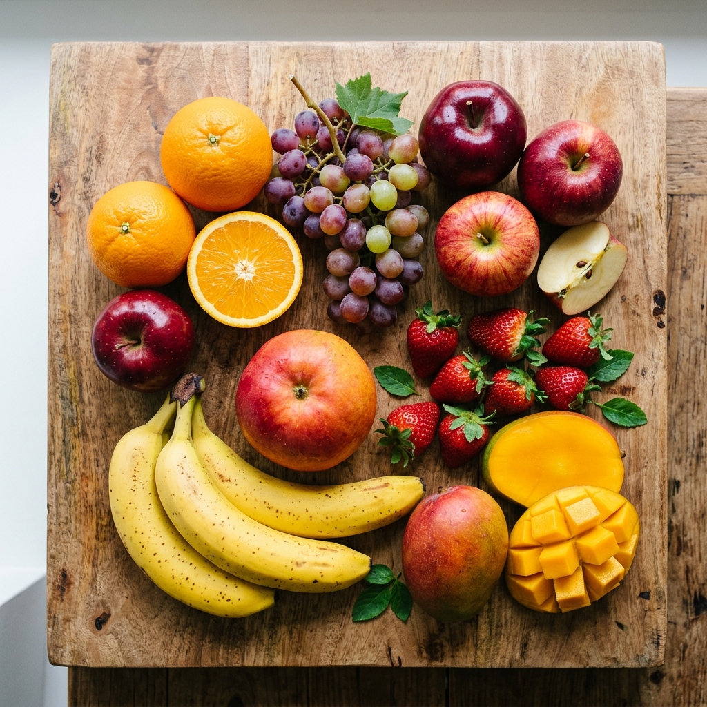 Fresh assorted fruits including apples, bananas, oranges, grapes, and mangoes