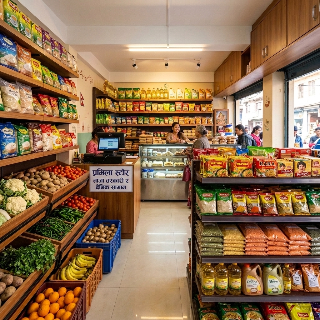 Pramila Store — Fresh grocery display with vibrant fruits, vegetables and organic products