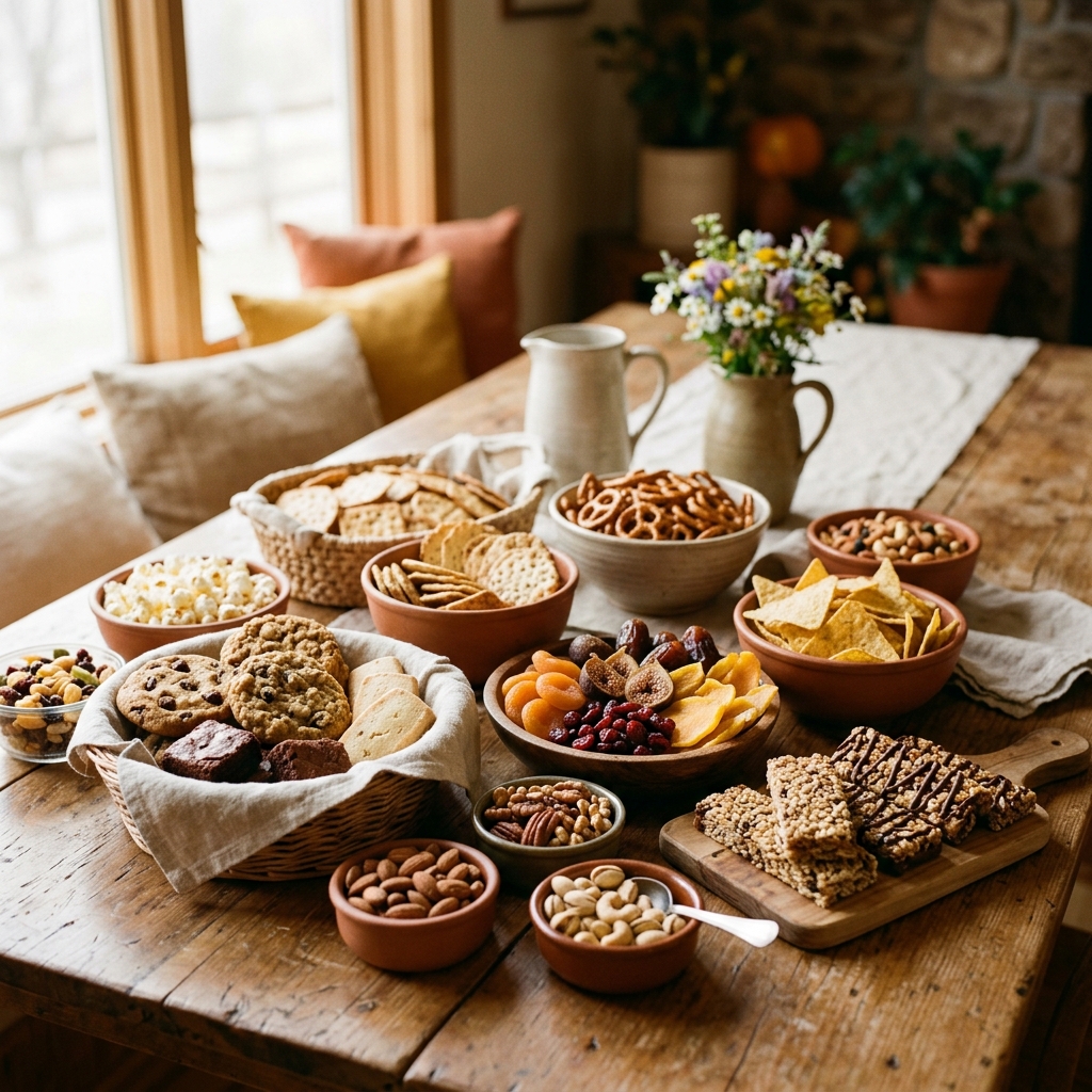 Assorted snacks including cookies, nuts, dried fruits, and granola bars