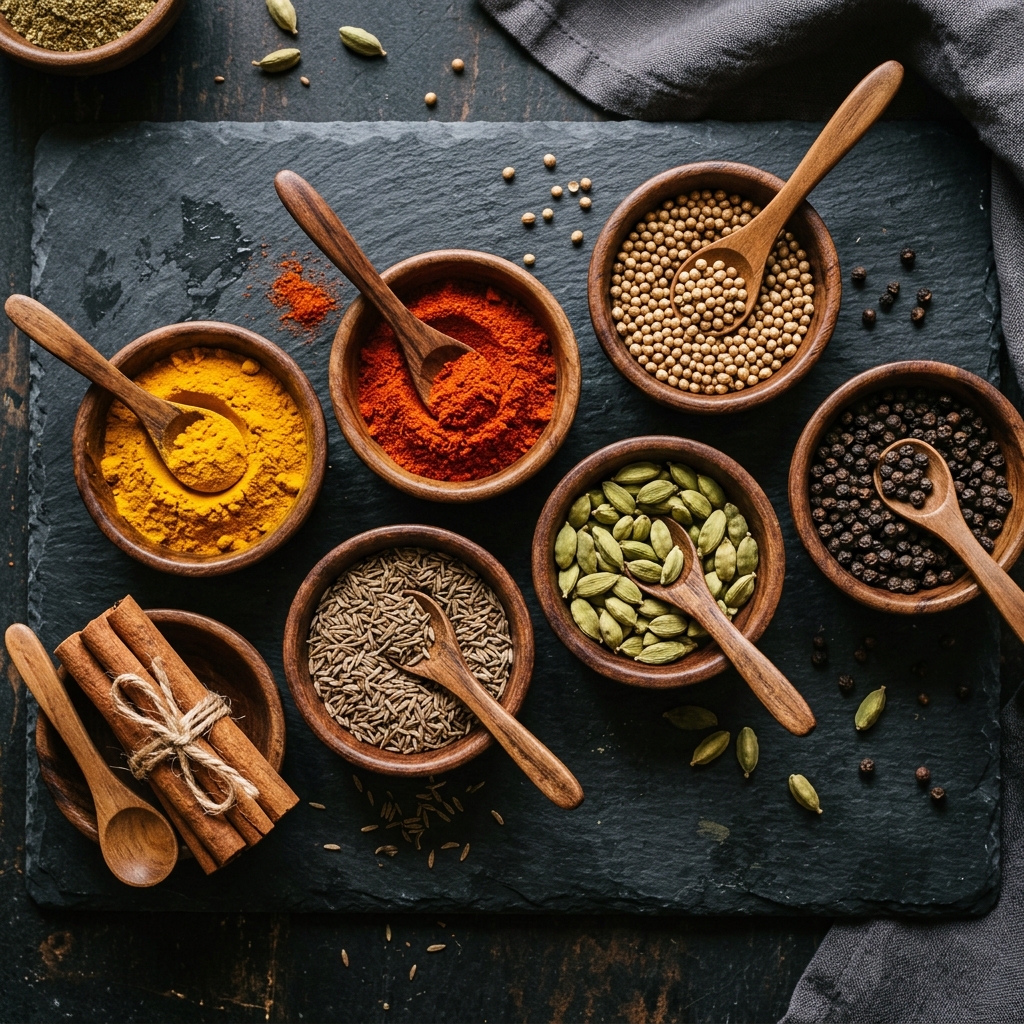 Colorful spices in wooden bowls including turmeric, chili, cumin, and cinnamon