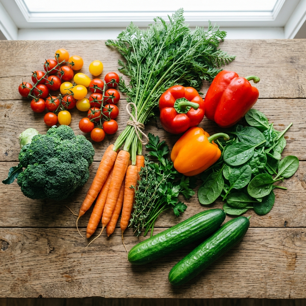 Fresh assorted vegetables including tomatoes, carrots, broccoli, and peppers